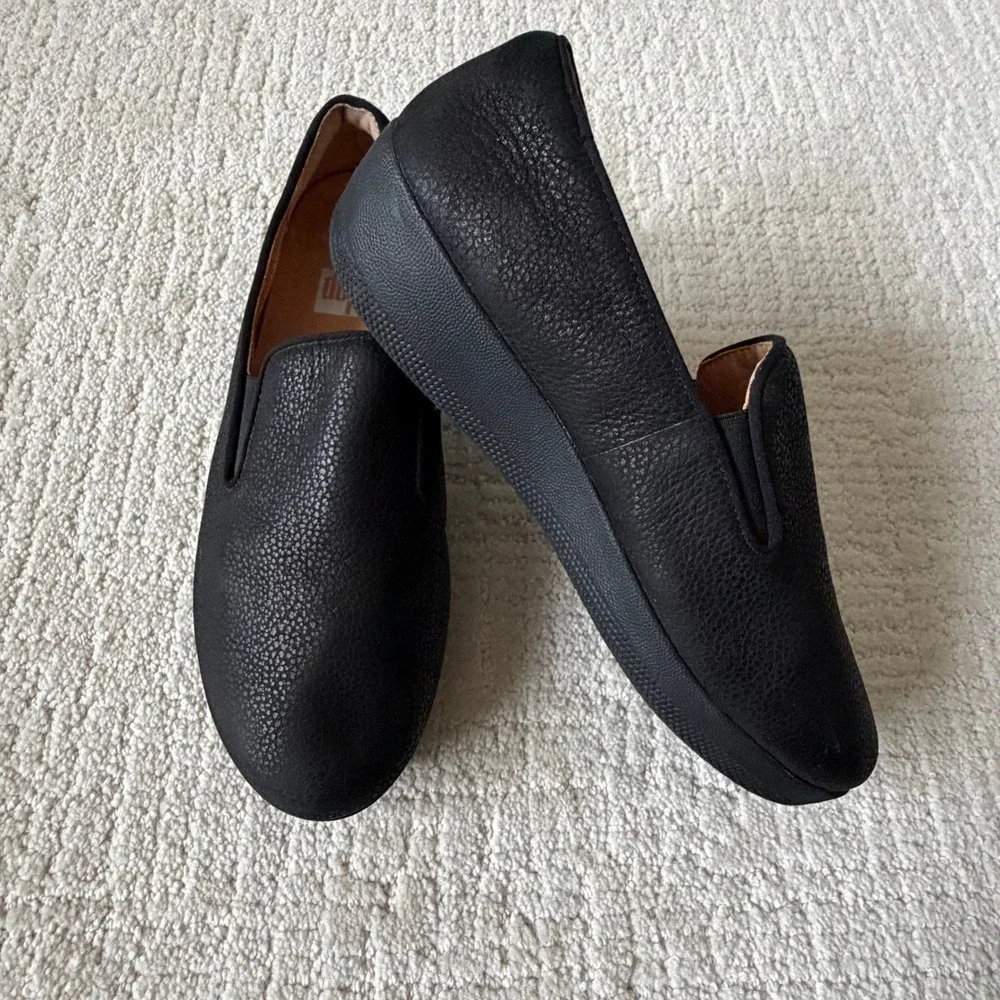 FitFlop Black Textured Leather Slip On Comfort Sneaker Loafer 7 38‎ Supercomff